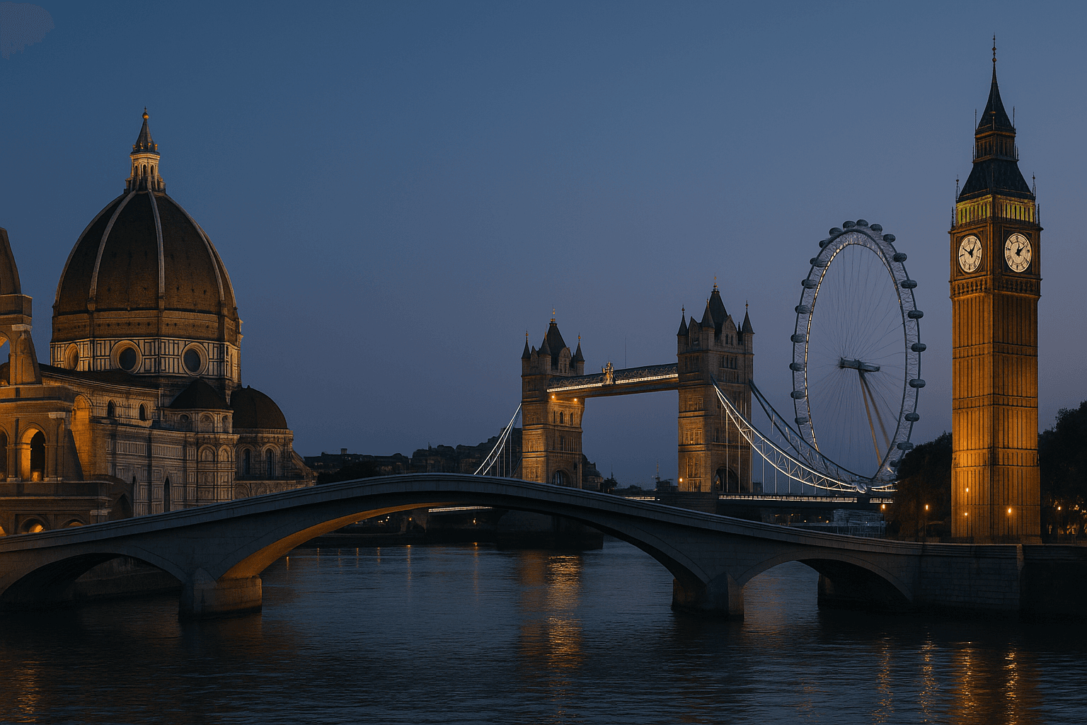 Italy meets UK: warm community colours, modern city skyline and Italian tricolore overlay