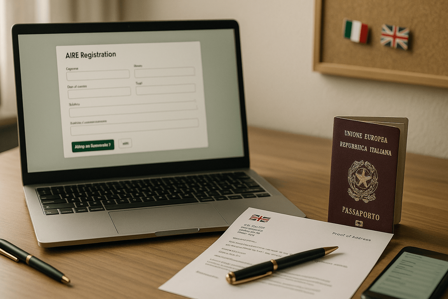 Editorial desk with laptop showing a consular form, Italian passport and UK proof-of-address on a neat desk — professional AIRE registration setup.