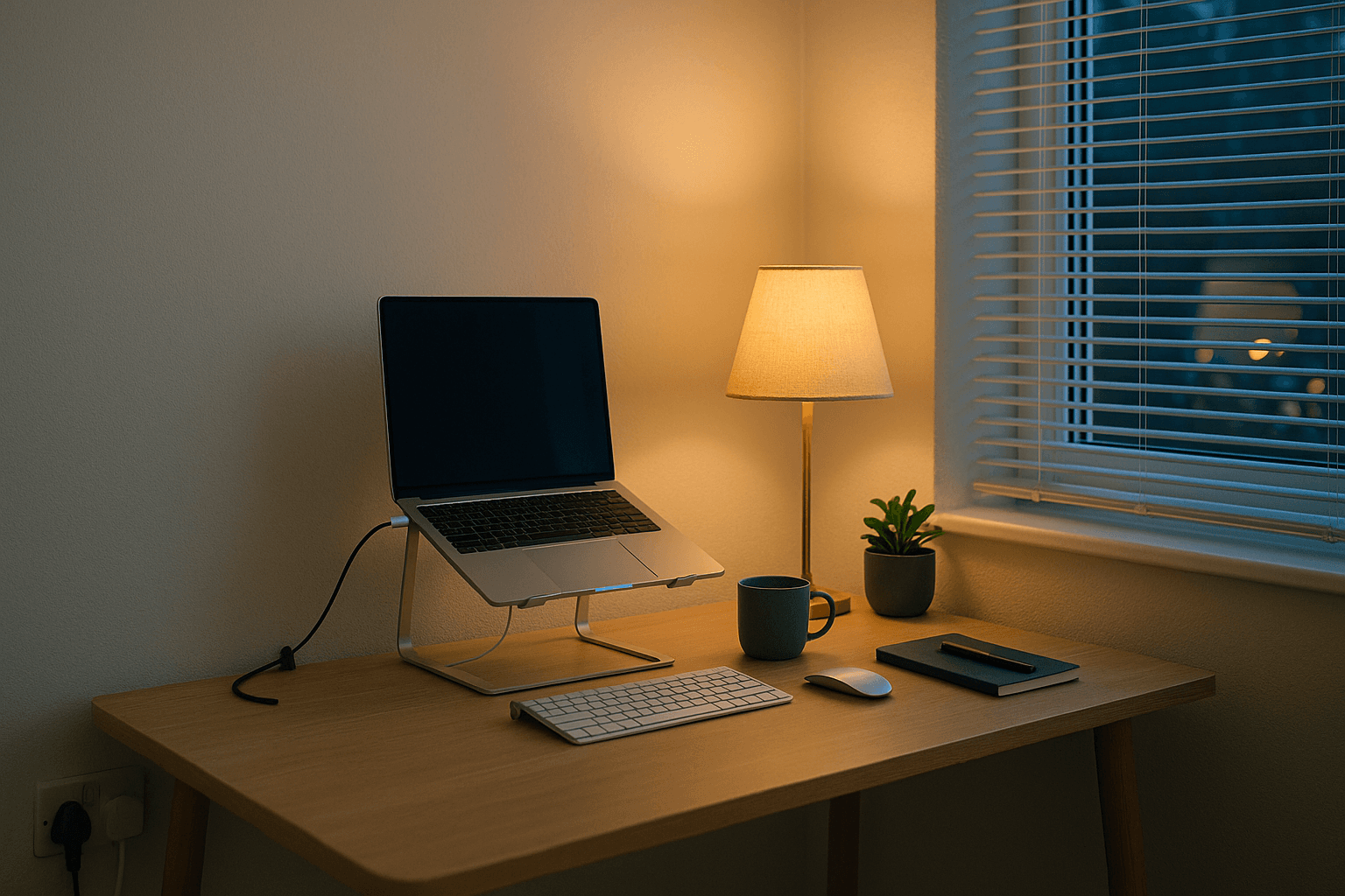 Compact UK rental desk with laptop raised, warm lamp and tidy cables