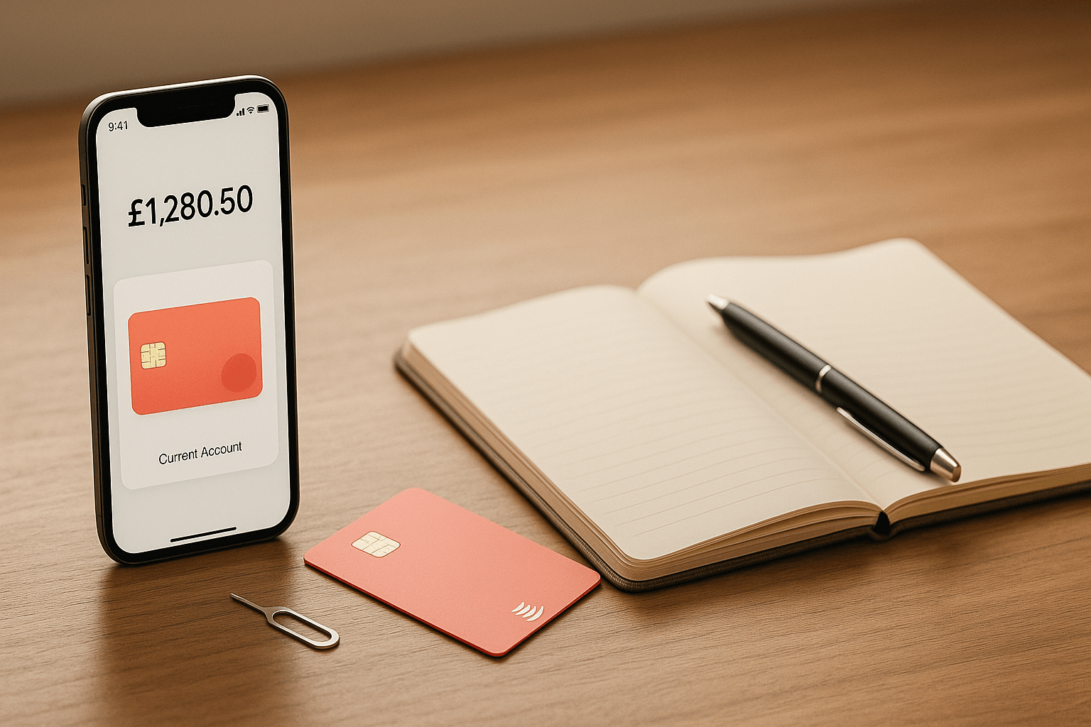 Monzo banking app on smartphone with coral debit card on a modern desk setup