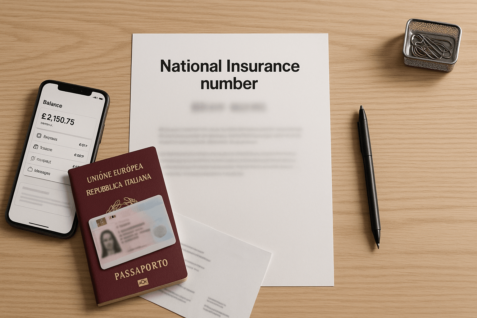 HMRC documents and UK passport on a desk showing National Insurance number application process