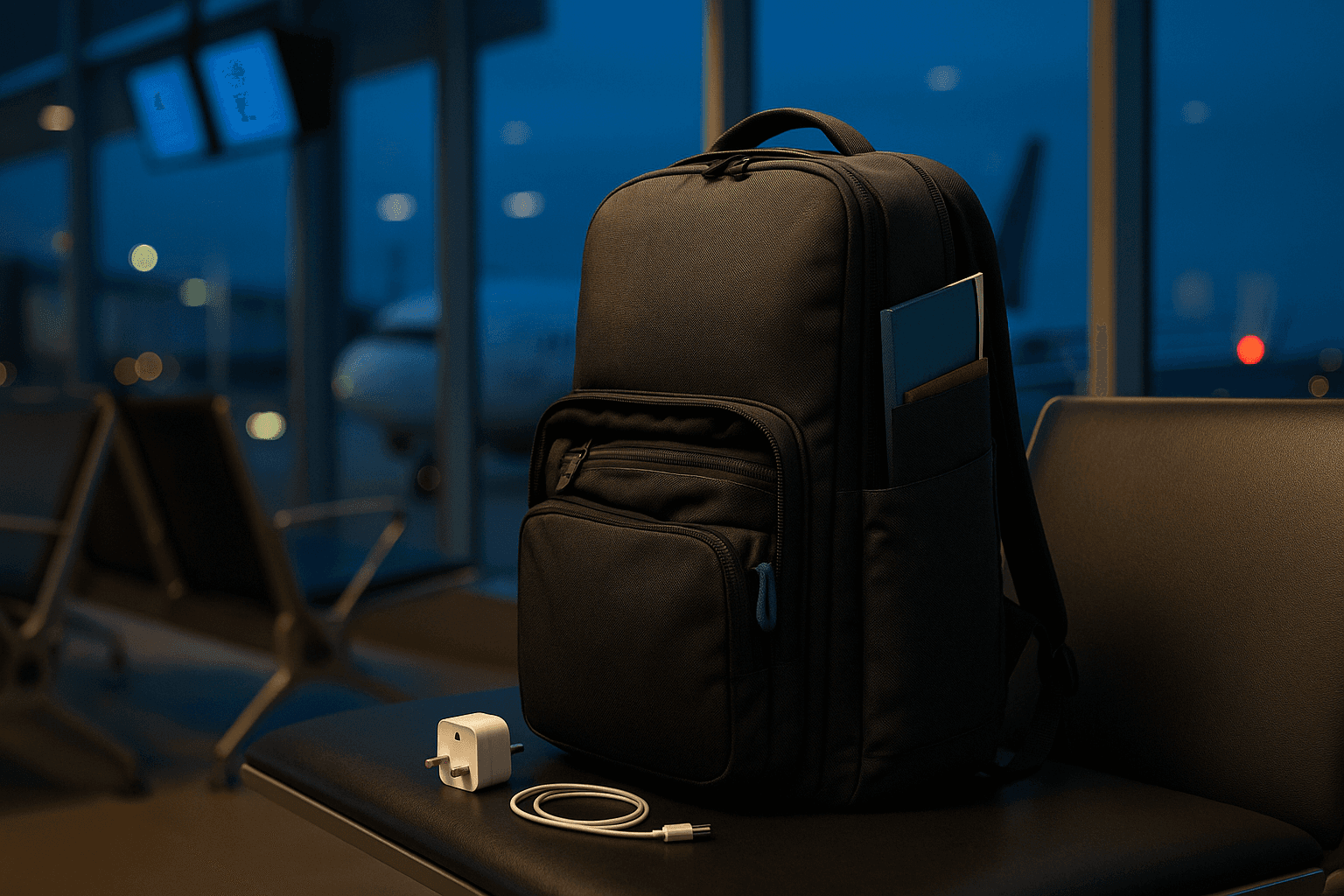 Carry-on backpack at a UK airport gate, evening light