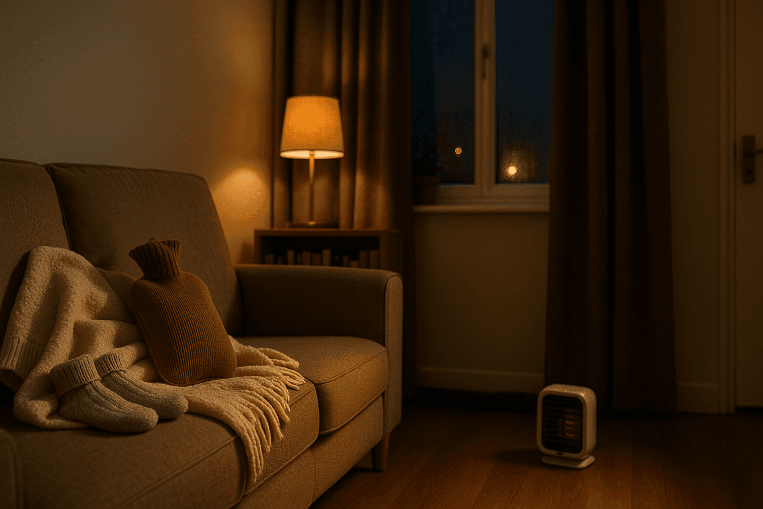 Warm, cosy UK living room with thermal curtains and a throw on the sofa